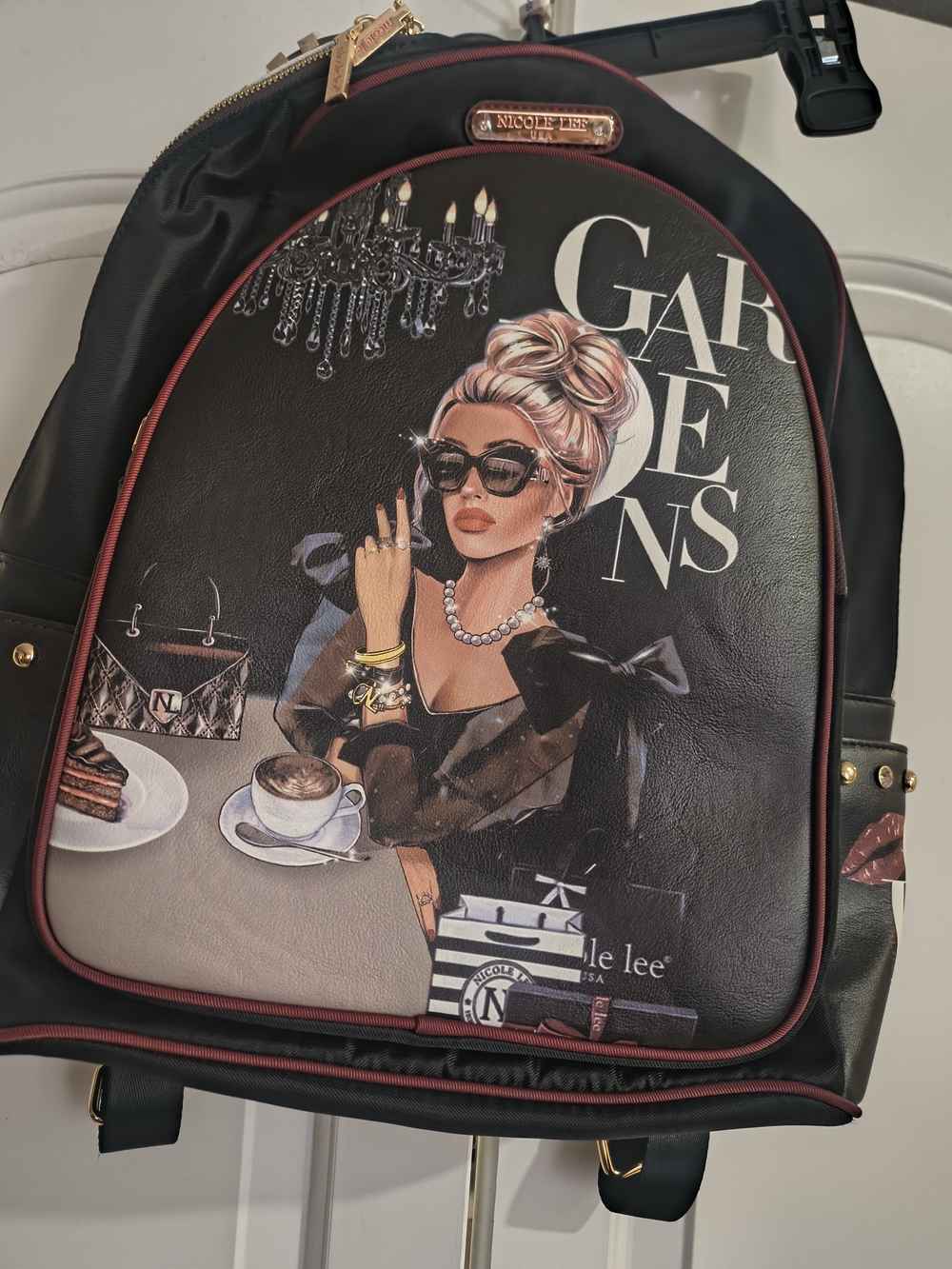 Nicole Lee Black & Bordeaux Printed Backpack